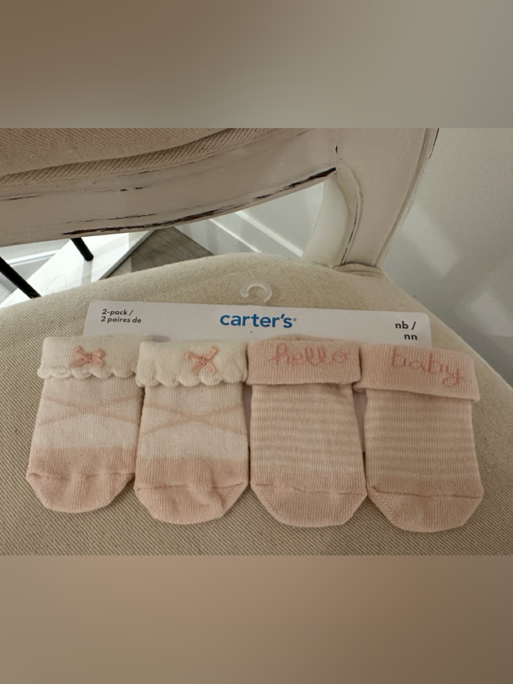 🩰 0~3 Carter's Light Pink Newborn Baby Sock 4 Pack with Ballet Bows and Stripes